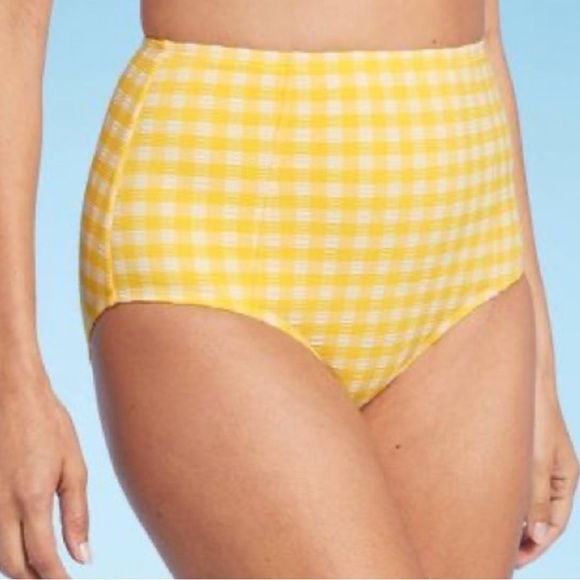 KONA SOL NWT Women's Yellow White Gingham High Waist Full Coverage Bikini Bottom - Picture 1 of 12